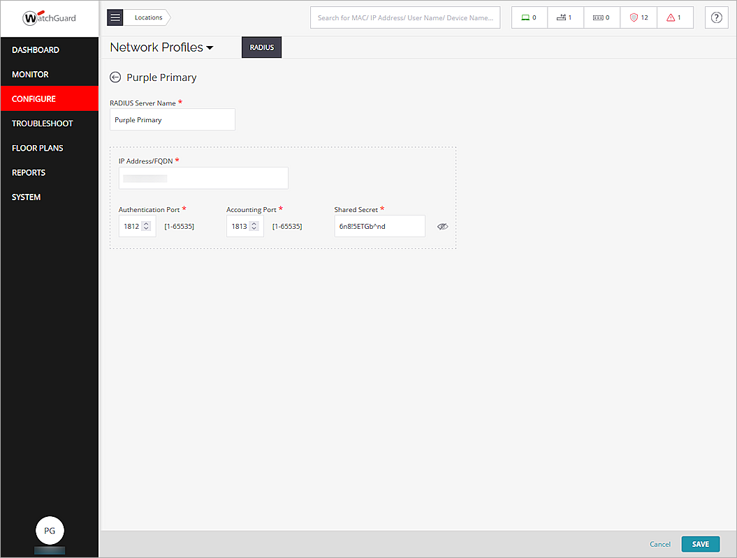 Screenshot of the primary RADIUS Server configuration page